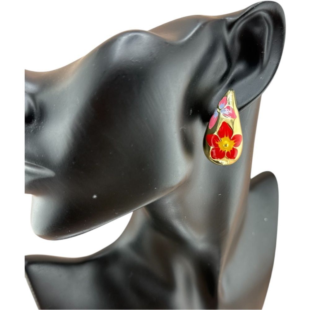 Gold Teardrop Enamel Earrings with Red and Pink Floral Design